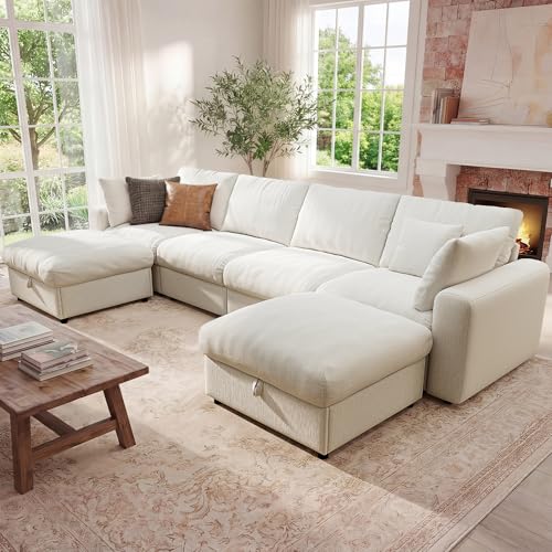 Image of Ihanherry 141 inch Oversized Cloud Sectional Couches for Living Room, Modular Sectional Sofa with Wide Deep Seat, U Shaped Couch with Throw Pillow and Storage Ottoman, Beige