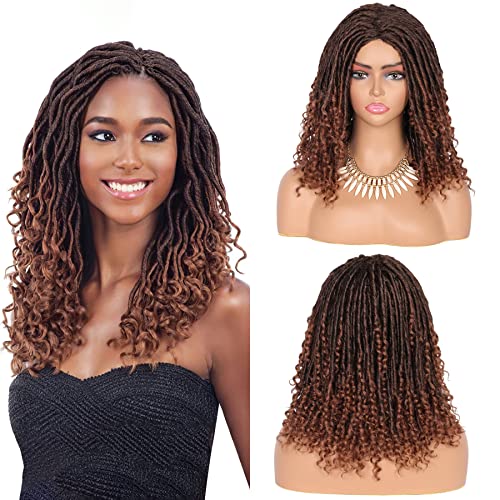 Youthfee Faux Locs Wigs for Black Women 15'' Ready-wear Synthetic Dreadlock Wigs Short Twist Wig with Curly Ends (Ombre Light Brown)