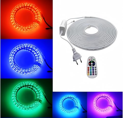 ONSSI® Bandes LED 220V (RGB,4M) Multicolore SMD5050 60 LED/m IP65 Imperméable avec Contrôleur,Télécommande et Application