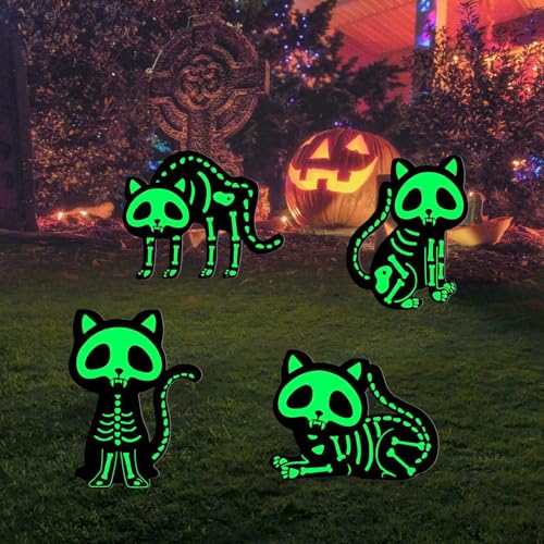 KUUFADY Halloween Yard Sign - 4PCS Reflective Black Cat Decoration Outdoor, Scary Family Home Front Yard Sign, Glow in The Dark,Plastic Decor for Party