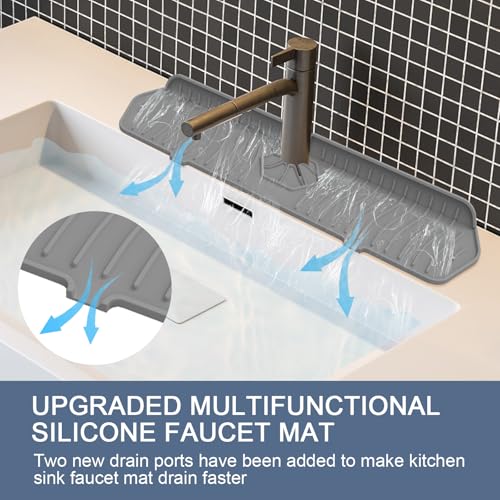 Image of Sink Drain Mat Behind Faucet,Faucet Guard Draining Mat, 90 Foldable Tap Draining Mat for Kitchen Sink with 2 Water Ports, Faucet Drain Mats for Kitchen, Bathroom, etc (Gray, 17.7 inch*5.78 inch)