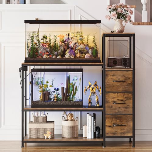 Image of 20 Gallon Aquarium Stand with Power Outlets Fish Tank Stand with 3 Drawers Metal Frame Heavy Duty Reptile Tank Stand with 3-Tier Storage Shelves,Left /Right Assembly, Adjustment Height