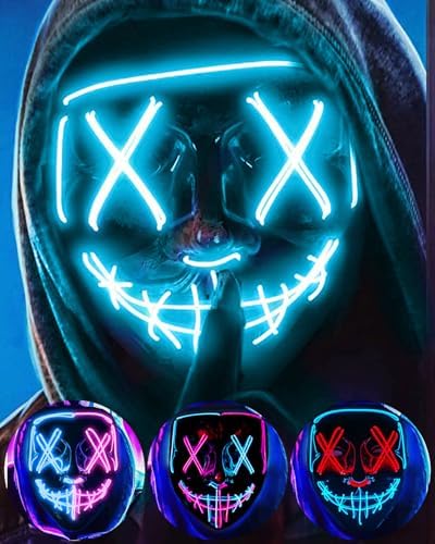 DWTECH LED Halloween Maske – beleuchtete Purge Maske mit LED-Masken EL-Draht gruselige Maske für Maskerade Cosplay beleuchtete Gesichtsmaske für Kinder Männer Frauen Halloween Fest