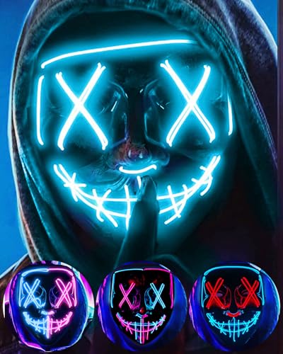 LED-Halloween-Maske - Beleuchtete Gesichtsmaske Mit EL-Draht, Gruselig für Maskerade, Cosplay, Kinder, Männer, Frauen, Halloween, Festival, Party (Eisblau A)