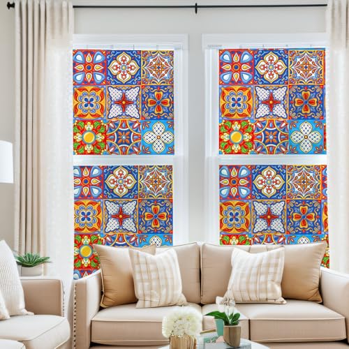 DKTIE UV6 Ultra-fine Frosted Glass Window Film Decorative Nature Stained Glass Window Film for Bathroom Static Cling Renter Friendly (U344-Talavera, 17.7