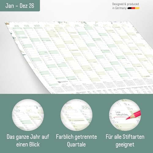 Häfft® Wandkalender 2026 A3 gefalzt (42 x 29,7 cm) Blattgold Wandplaner mit Ferien-Übersicht und Feiertagen + gratis A4-Kalender - nachhaltig & klimafreundlich
