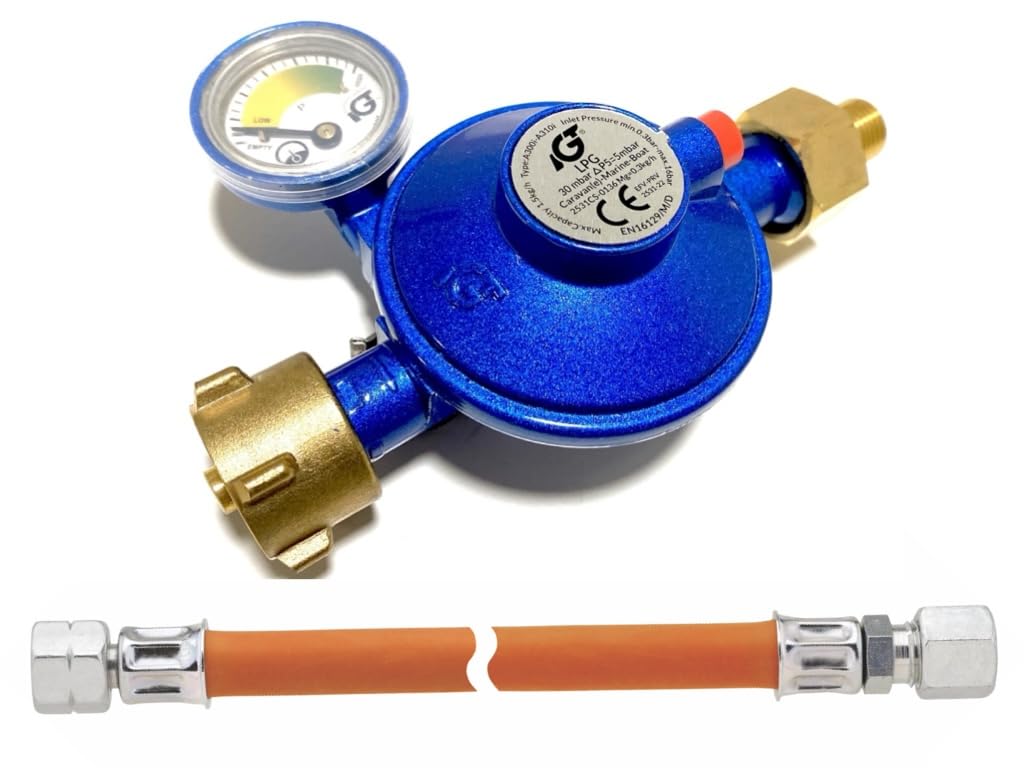 LPG-Megastore IGT Gas Regulator Caravan Motorhome 1.5 kg/H 30 mBar with 40 cm Gas Hose on RVS 8 mm