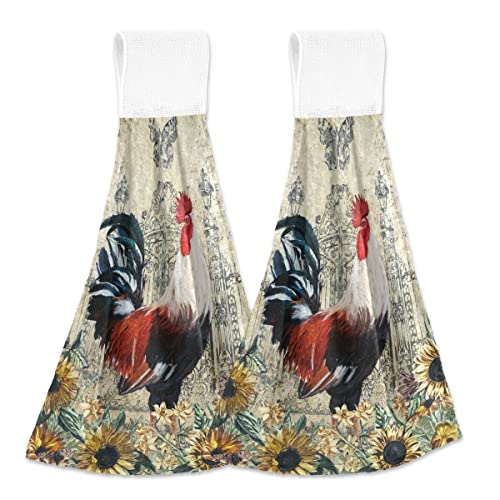 Giwawa Rooster Kitchen Hanging Towel Set Of 2 Vintage Chicken Sunflower Hand Tie Towel With Loop Farmhouse Animal Yellow Flower Microfiber Dish Cloth Fast Drying For Bathroom Tabletop Home Decor #TOP29