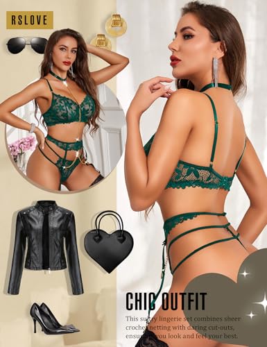 Image of RSLOVE Women's Lingerie Sets with Garter Belt 3 Piece Sexy Lace High Waist Bra and Panty Set Push Up Exotic Sleepwear