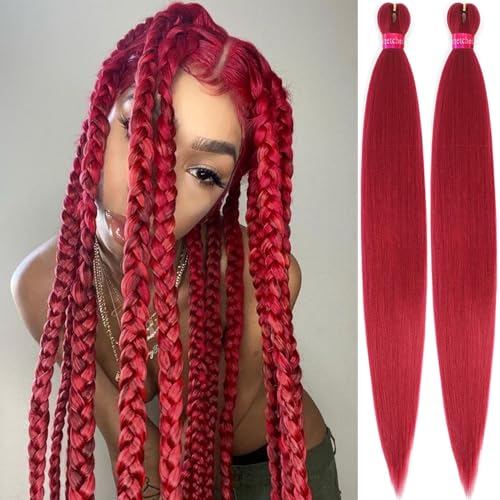 yuzshuooxin Rose Red Color Pre Stretched Braiding Hair Long Braid 30 Inch 2 Packs Braiding Hair Extensions Professional Synthetic Fiber Crochet Twist Braids