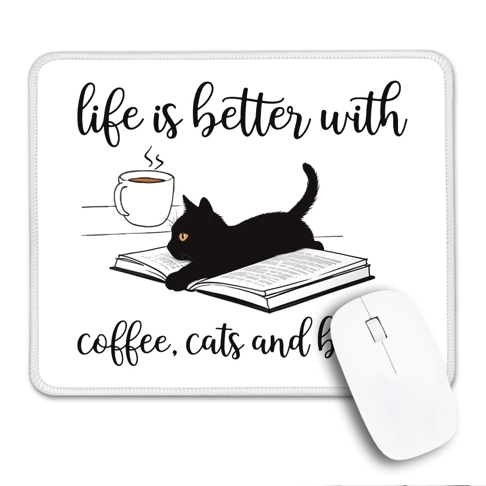THEBESTU Life is Better with Coffee Cats Books Non-Slip Mouse Pad with Stitched Edge, Funny Black Cat Mousepad Gifts for Cat Coffee Book Lover,