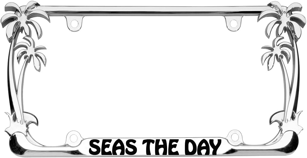 Seas The Day Palm Tree Design Chrome Metal Auto License Plate Frame Car Tag Holder/Fits US/CAN Vehicles/Made in The USA
