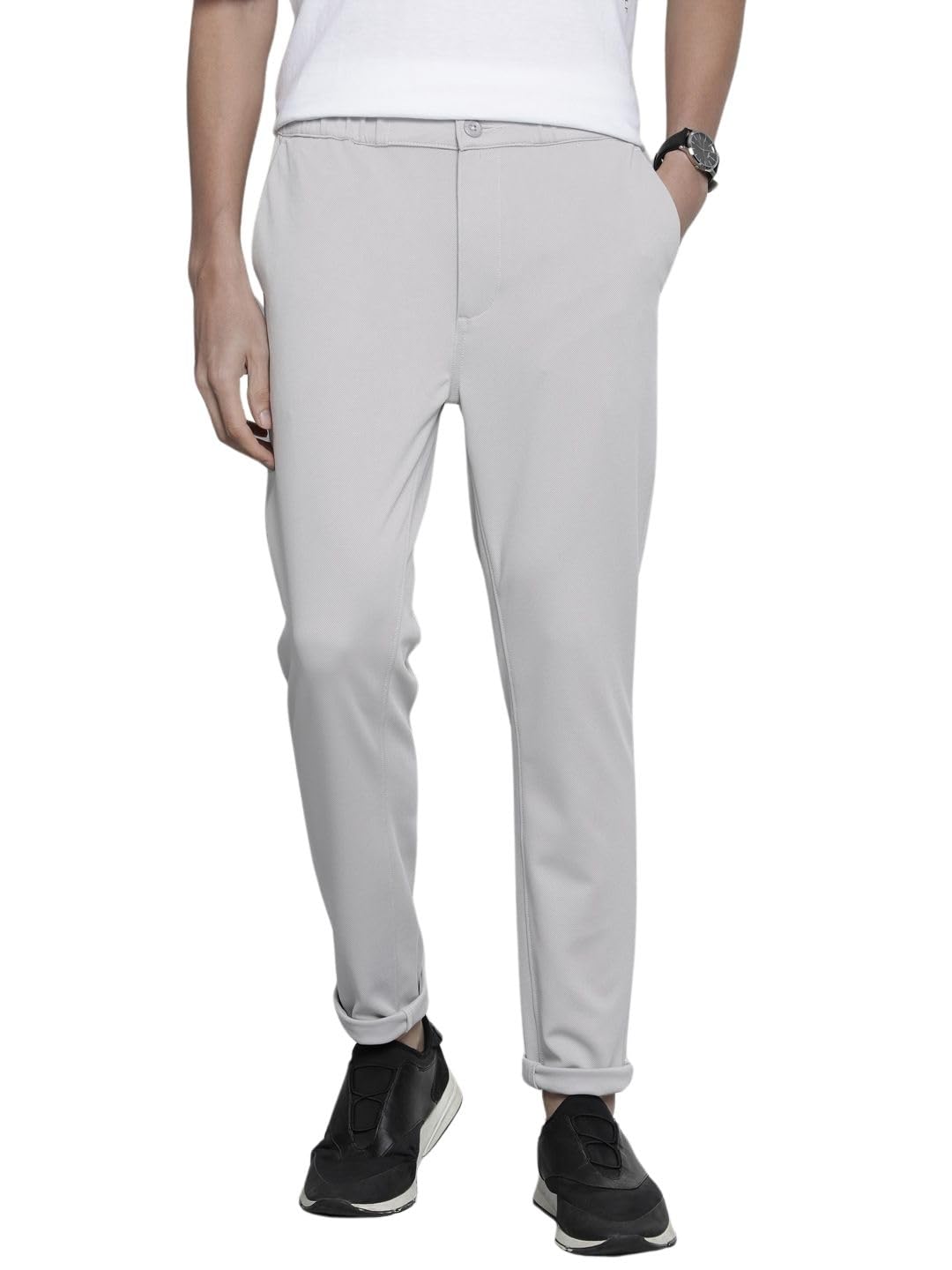 the indian garage co Men Slim Fit Solid Mid-Rise Stretchable Knitted Jogger Trousers-picture-31