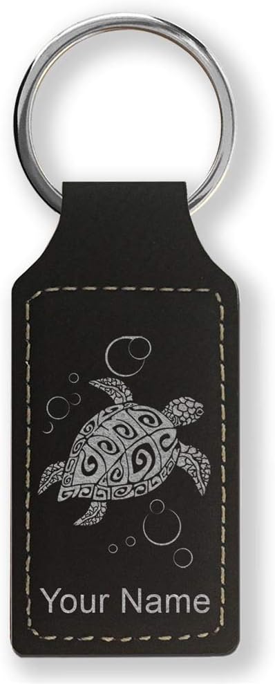 LaserGram Rectangle Keychain, Hawaiian Sea Turtle, Personalized Engraving Included (Black with Silver)