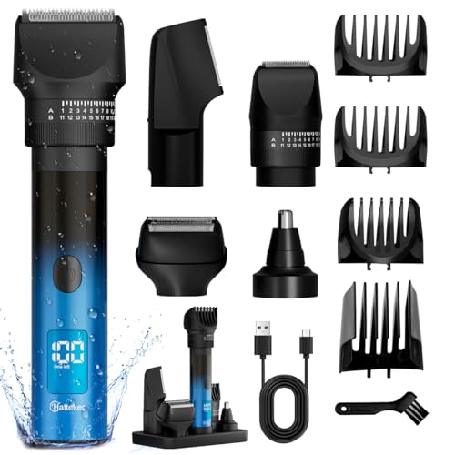 Hatteker Kit de Aseo Eléctrico 5 en 1 para Hombres, Recortadora de Barba, Cortapelo, Afeitadora Corporal y Recortadora de Nariz Todo en Uno,Impermeable IPX6 con Pantalla LED y Carga USB