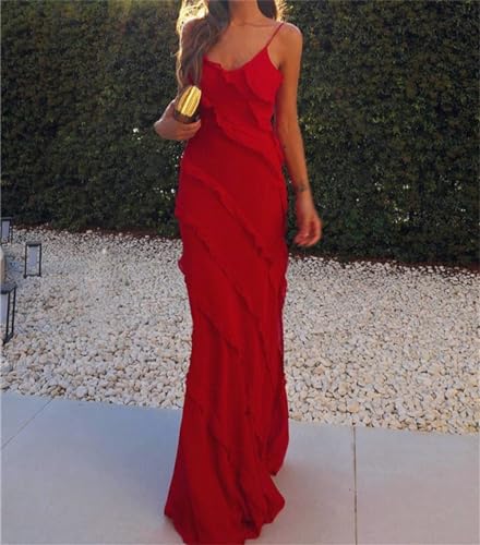 Image of Women Summer Elegant Sling Midi Ruched Bodycon Dress Solid Color Backless Slim Party Cocktail Dresses