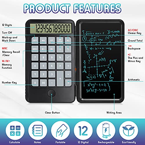Hion 12-Digit Large Display Rechargeable Pocket Office Desktop Calculator with Erasable Wiriting Tablet の商品画像 3