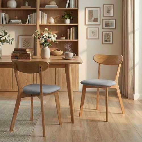 Image of 100% Solid Wood Dining Chairs,Mid Century Modern Dining Chairs with Rounded Backrest,Kitchen,Dining Room Chairs Set of 1 /2 /4 (2, Original Color Grey Upholstery)