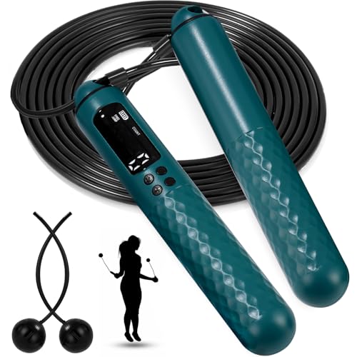 Corde à Sauter Sport fitness pour adultes, Corde a Sauter Sans Fil avec Compteur Calories et Minuterie LCD écran montrant,Poignées Antidérapantes Jump Rope Réglable pour Fitness, Cyan