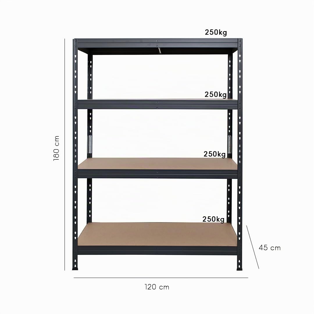 Rivet Schwerlastregal mit lackierbaren HDF-Platten, 180x120x45cm (HxBxT), 4 Böden mit je 250kg Tragkraft, anthrazitgrau, praktisches Stecksystem, umweltfreundlich und recycelbar