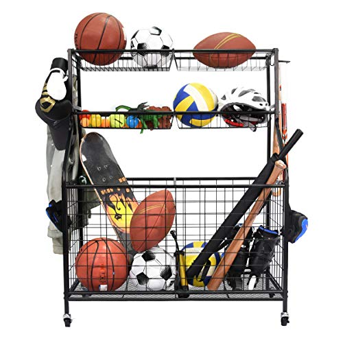 Kinghouse Sport Equipment Organizer for Garage, Steel Basketball Rack with Baseball Bat Holder and Hooks, Easy Assembly Storage for Balls, Kids’ Toys, and Workout Gear in Basement, Home Gym, Outdoor