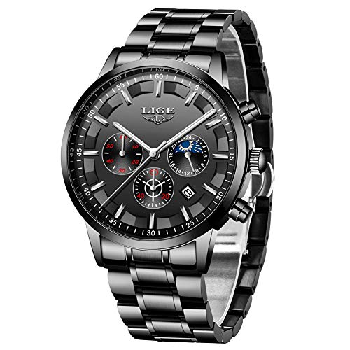 LIGE Montres Hommes Imperméable Acier Inoxydable Sport Quartz analogique Montre homm Décontractée Chronographe Phase de Lune Militaire Noir Montre-Bracelet