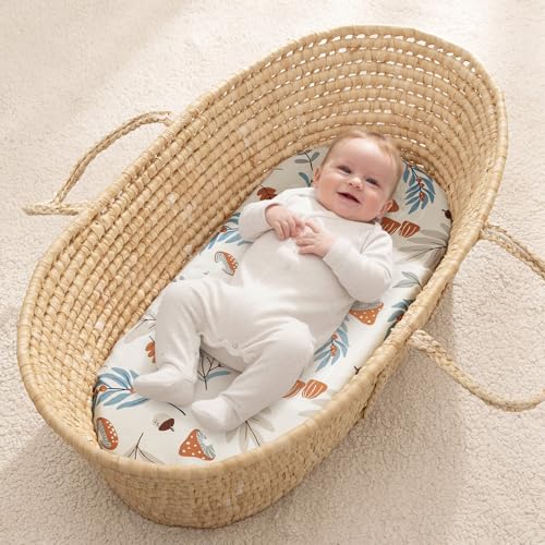 Image of PHF 3 Pack Soft Bassinet Sheets, Leaf&Mushroom Breathable Comfy Cradle Sheets for Baby Boys, No Slip Universal Fit for Most Cradle and Bassinet Mattress, Leaf&Mushroom