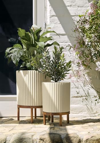 Image of Veradek Demi Series Raised Duo Planters - Set of 2 Planters with Stands | Made From a Durable Plastic-Stone Composite & Comes With Wooden Stand. Modern Porch /Patio Decor