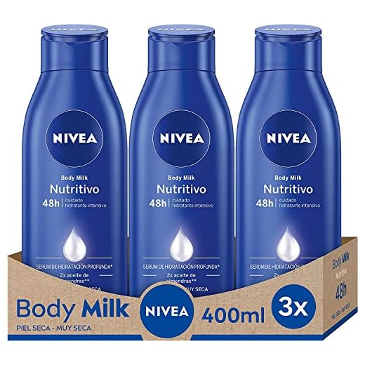 NIVEA Body Milk Nutritivo en pack de 3 (3 x 400 ml), leche corporal para una hidratación profunda durante 48 h, crema hidratante corporal con aceite de almendras