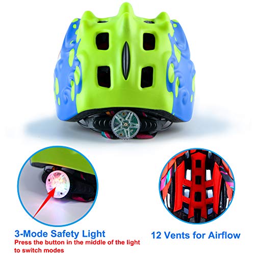 Kids Bike Helmet With Light, Dinosaur Helmet Adjustable For Toddler Children Boys & Girls, Multi Sports (Blue & Yellow) #TOP3