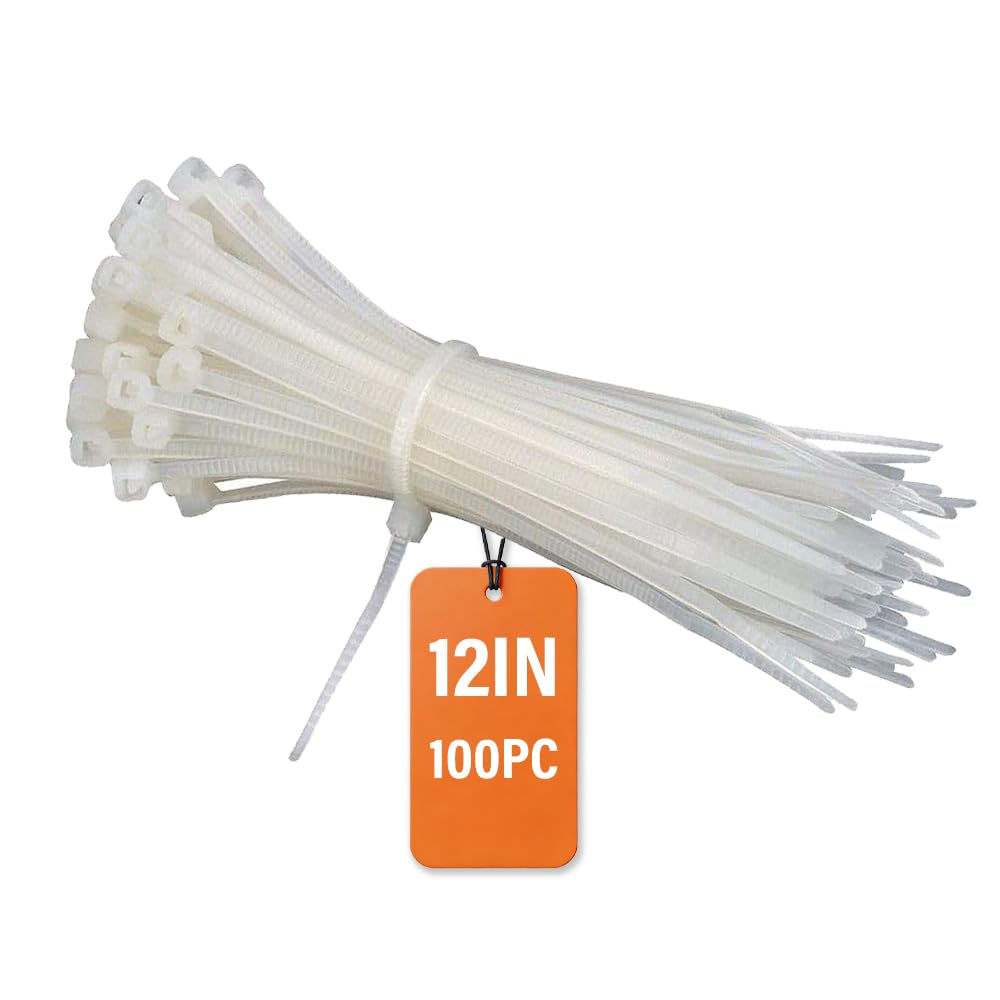 Zeluga 12-375 12inch 100 Pcs Indoor and Outdoor 50 Lbs Tensile Strength UV Resistant Cable Zip Tie, White