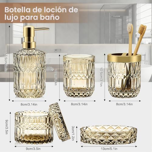 Juego de accesorios de baño dorados satinados de alta gama con dispensador y tarros de algodón 3