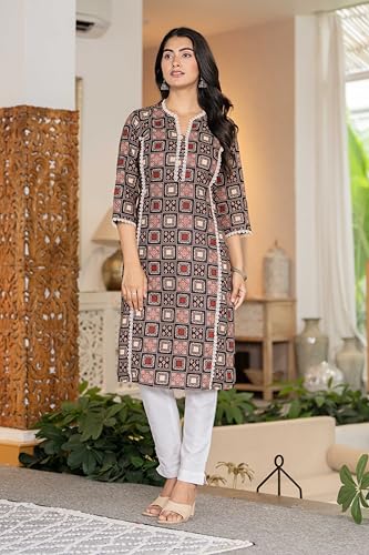 Image of Women's Cotton Straight Kurti with Geometric Print, 3 /4 Sleeves, Lace Trim Detail, Regular Fit, Casual Wear