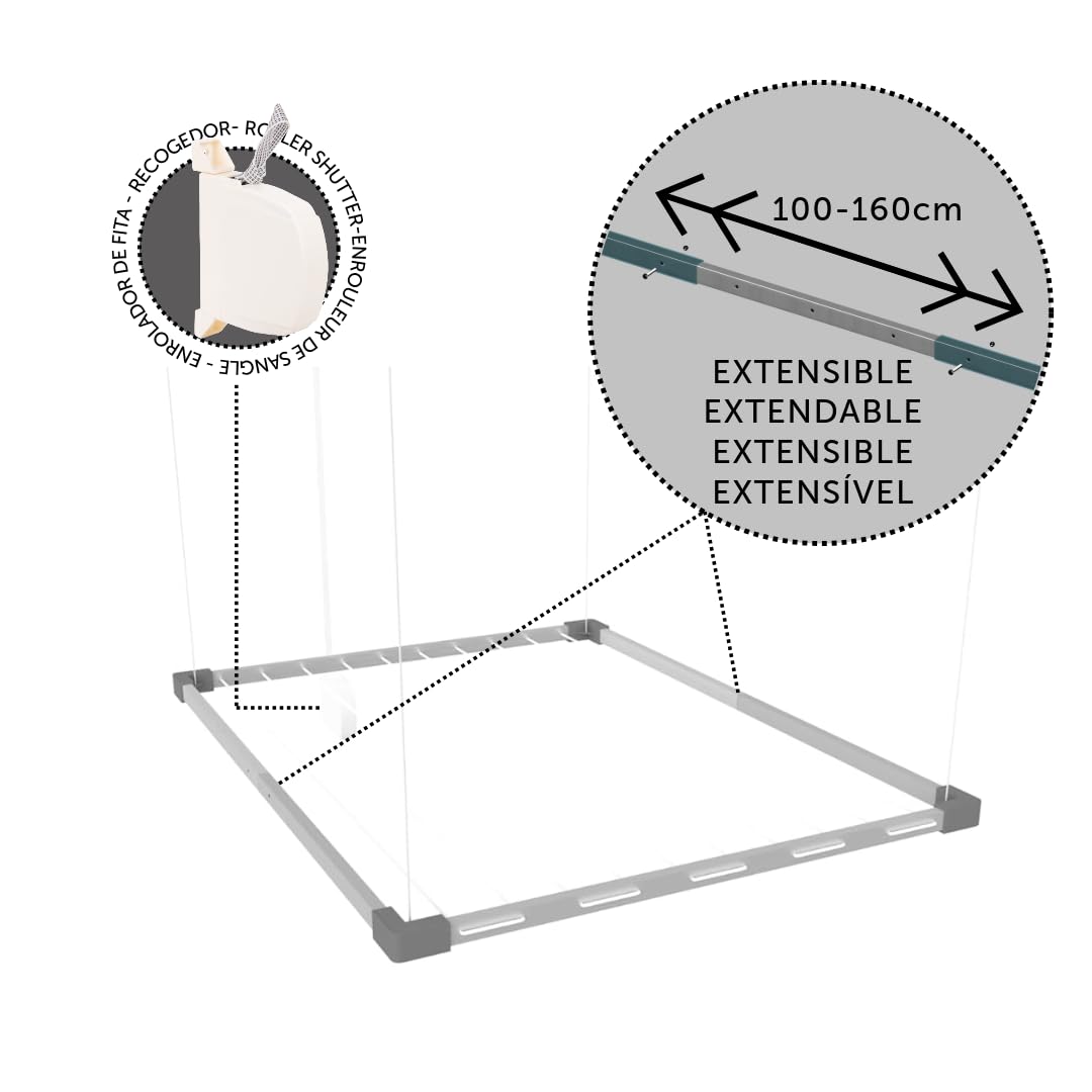Cuncial - Tendedero Tezno Techo Aluminio | Inoxidable |10 Cuerdas - hasta 16 m tendido | Extensible 100-160 x 78 cm | Interior y Exterior | Sistema Elevable | Ahorra Espacio