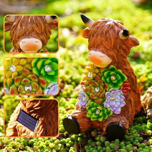 Estatua solar vaca Highland para jardín con luz LED miniatura 3