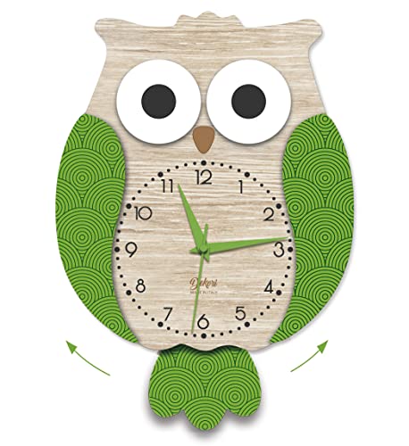 DEKORI Modern Owl Pendulum Wall Clock – Silent Non-Ticking Wooden Wall Decor for Kitchen, Livi