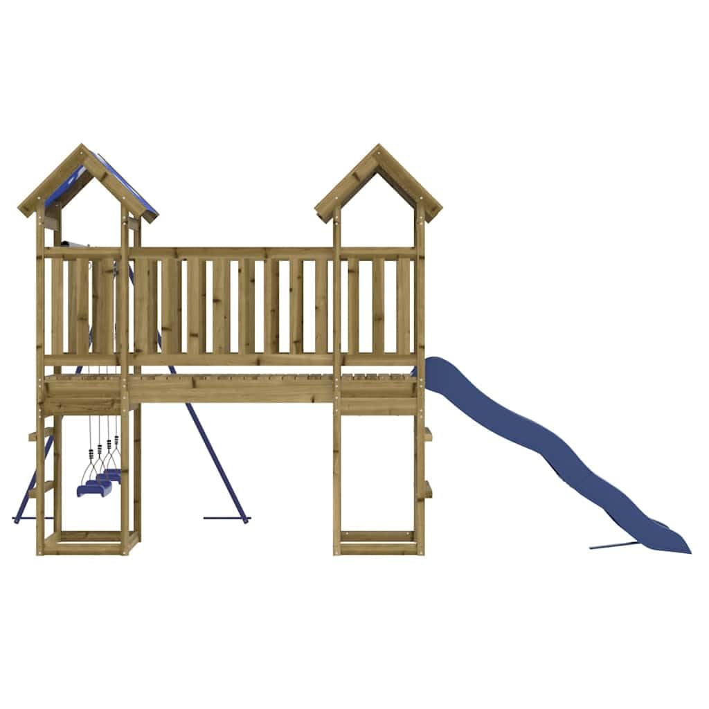 Torre de juego de madera de pino impregnada con tobogán, columpio, arenero y estructura de escalada para jardín y exterior, adecuada para niños de 3 a 8 años