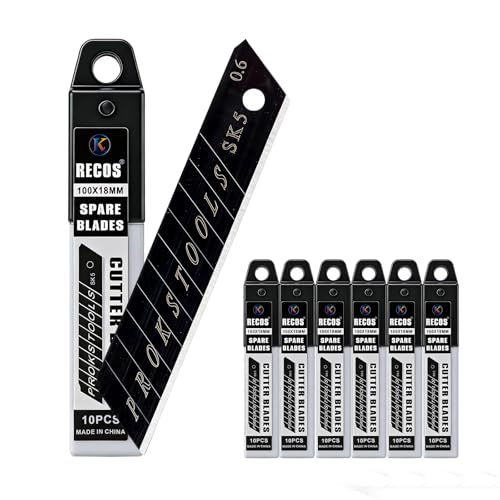 Carehabi Cuchillas para Cutter 18mm 60 Piezas – Cuchillas de Repuesto en Acero al Carbono Negro – Extra Afiladas de Alto Rendimiento para Cutter Profesional y Bricolaje – Con Estuche