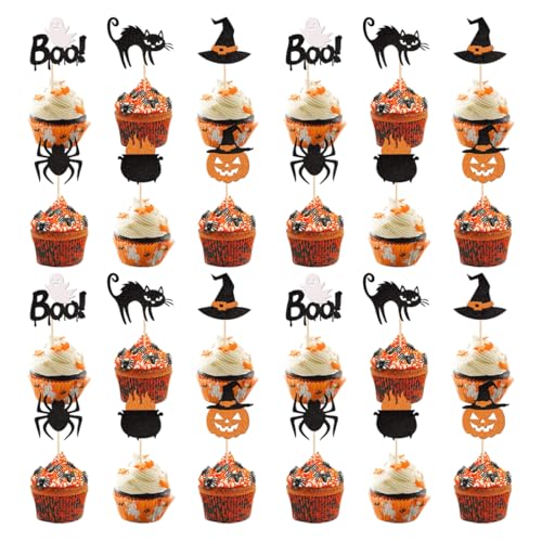 OIXYEY 24 peças de decorações para cupcakes de Halloween, pauzinhos de Halloween, bandeirinhas para festas de Halloween, bolos, pratos de queijo, aperitivos, decoração, louça de Halloween