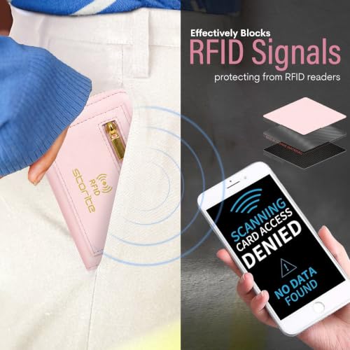 Image of Storite RFID Blocking PU Leather Card Holder Wallet for Women | 9 Slots Accordion Credit Card Case with 2 Money Compartments & Zipper Coin Pocket | Slim Travel Card Organizer Mini Purse(Light Pink)