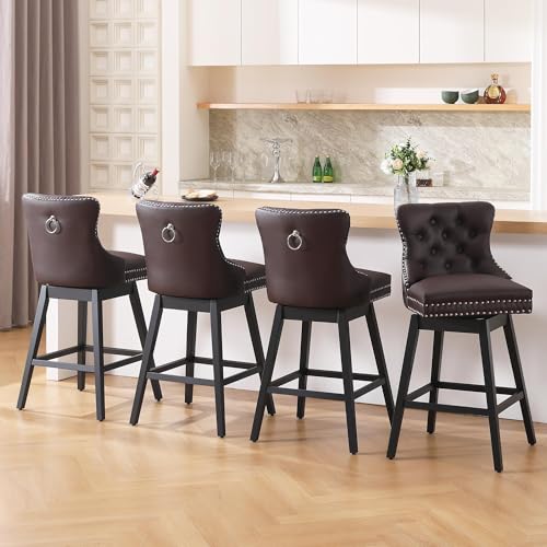 Image of Brown Leather Swivel Bar Stools Set of 4 with Back, 26 Inch Counter Height Chairs, Solid Wood Legs, Tufted Seat, Comfortable and Stylish for Kitchen, Island, Home Bar(Brown, 4 Pack, 26 inch H)