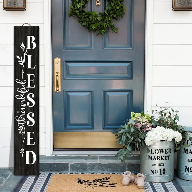 Bidesign (48x8) IN Tall Thankful Blessed Vertical Signs For Front Door Porch Standing Hanging Wood Welcome Yard Sign For Home Decor Fall Autumn Thanksgiving Decorations Outdoor Indoor