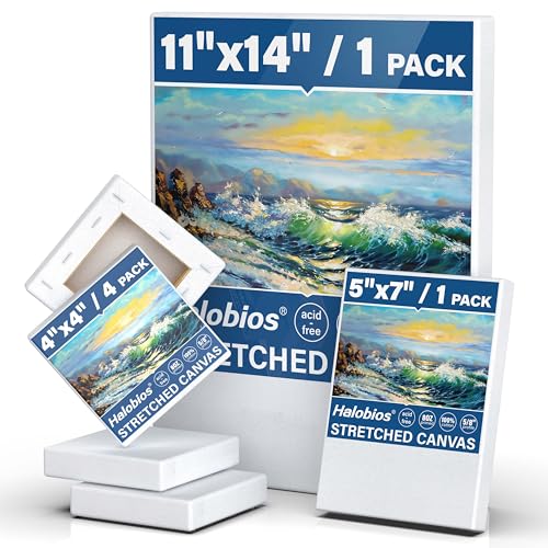 Halobios 6 Packs Stretched Canvases for Painting with 4x4in, 5x7in, 11x14in Canvas, Blank Canvases for Acrylics, Oils & Other Painting Media, 5/8 Inch Profile 100% Cotton Artist Framed Canvas