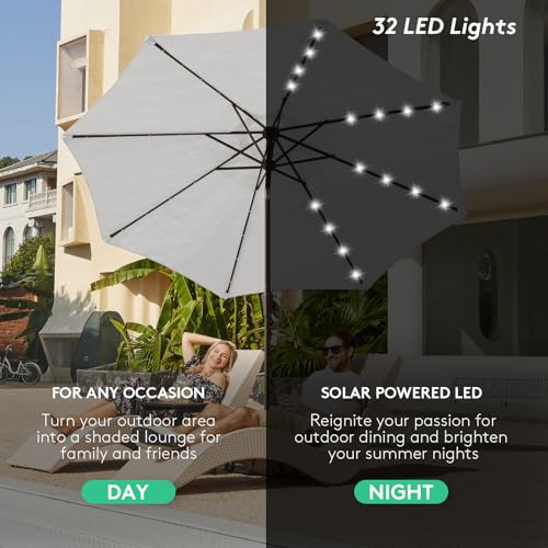 Image of JEAREY 9FT Outdoor Patio Umbrella with Solar Lights, LED Lighted Pool Umbrella with Tilt and Crank, Outdoor Table Umbrellas for Deck, Yard & Market (Light Grey)