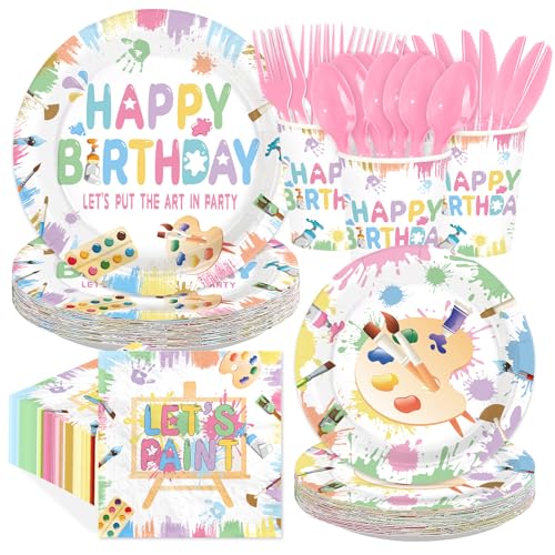 168Pcs Art Paint Birthday Party Decorations Art Painting Theme Plates Napkins Cups Forks Knives Spoons Disposable Paper Tableware for Girls Artistic Painter Birthday Party Supplies Serves 24