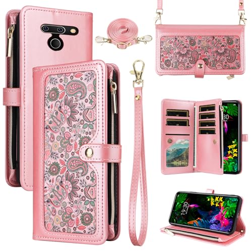 Dswteny for LG G8 ThinQ Floral Wallet Case with Wrist Strap Shoulder Strap Zipper Purse, Flip Credit Card Holder Stand Cell Phone Cover for LGG8 Thin Q G 8 LG8 G8thinq LGG8thinq 8G Women Men Pink