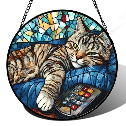 DASTOLL Stained Glass Window Hanging Gray Cat and Remote Control 7.8 - Suncatcher Door Garden Kitchen Sun Catcher Home Decor Birthday for Lost Pets Mom Men Woman Friend Grandma