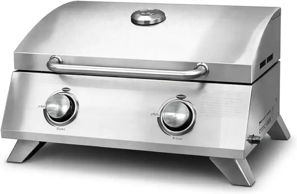 Churrasqueira Portátil de mesa a gás com 2 Queimadores com termometro em Aço Inox - Grelha portátil de aço inoxidável, grade de churrasco 2000 BTU com pernas dobráveis para campamento ao ar livre