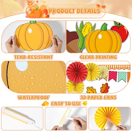 Image of Fall Thanksgiving Bulletin Board Set for Classroom Decoration Fall is in The Air Paper Cutouts with 3D Paper Fans Autumn Leaves Pumpkins Bulletin Board for School Office Harvest Wall Decor