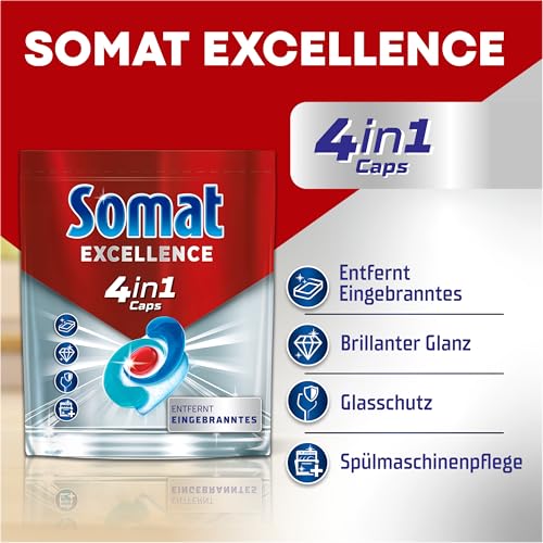 Somat Excellence 4in1 Caps (84 Caps), schnellauflösende Spülmaschinen Caps für brillanten Glanz auch im Niedrigtemperatur-, Kurz- & Eco-Programm, Somat Caps entfernen kraftvoll Eingebranntes 2